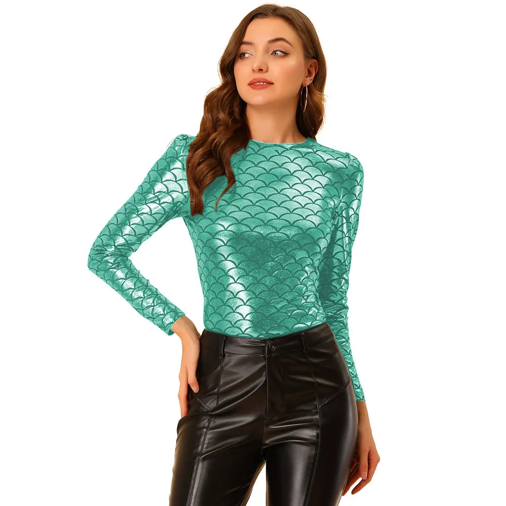Sexy Faux Leather Long Sleeve Round Neck T-Shirts, Skinny Blouse, Shiny Fish, Mermaid Scales Shirt, Party Tops, Clubwear , 7XL 2