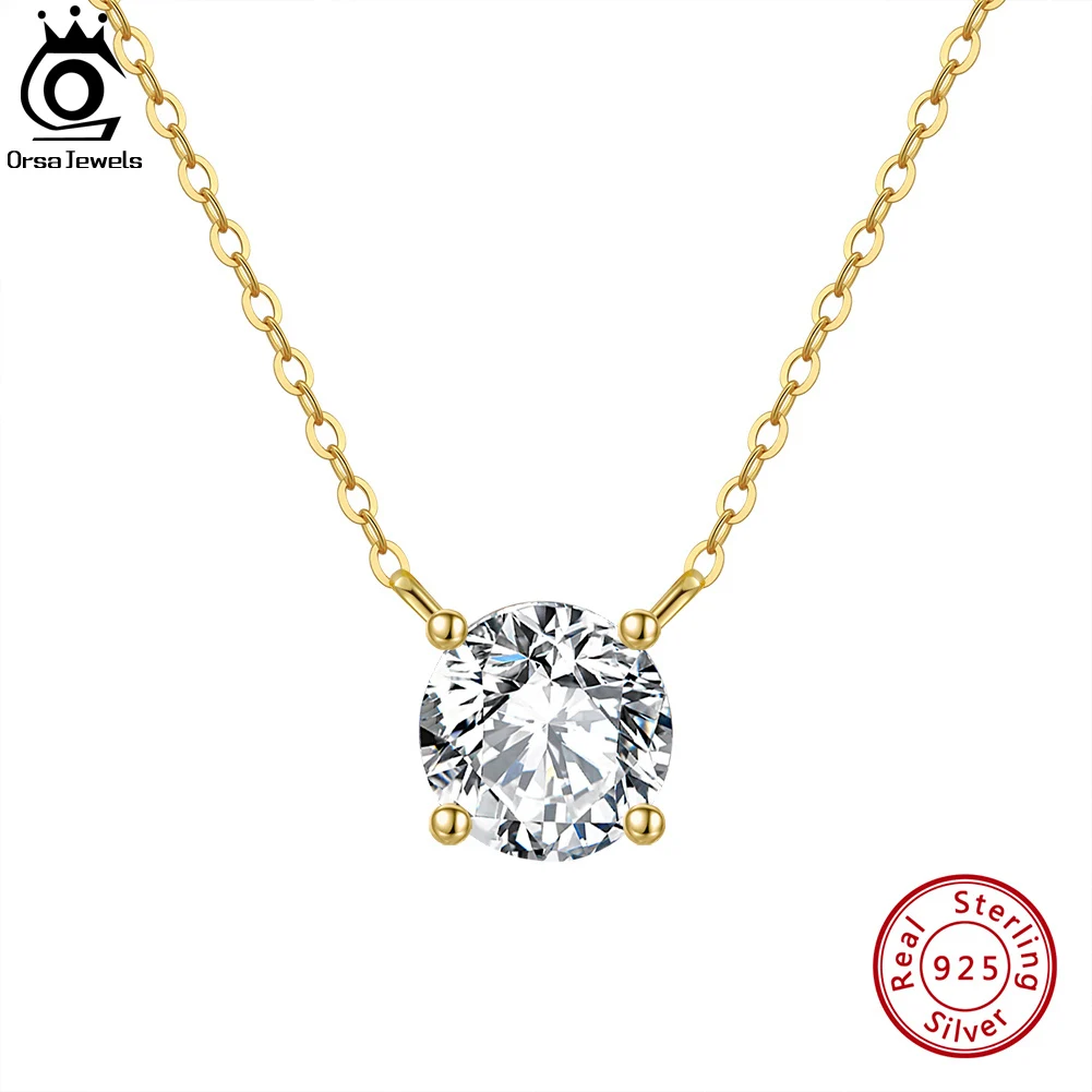 

ORSA JEWELS 925 Sterling Silver Dainty Necklace for Women 14K Gold Plated Round Brilliant Cut Solitaire Pendant Necklace APN13