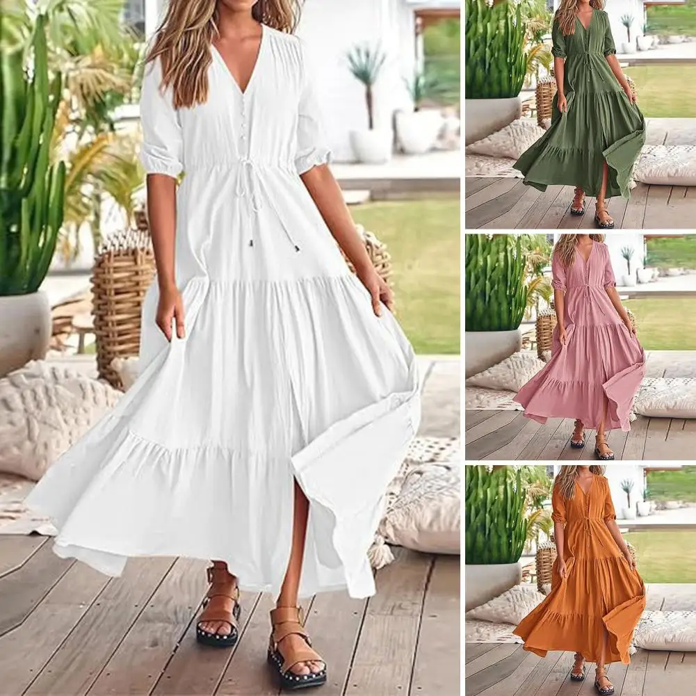 

Ankle Length Summer Dress Elegant A-line Maxi Dress with Pleated Detailing V Neckline Drawstring Waist for Summer Vacation