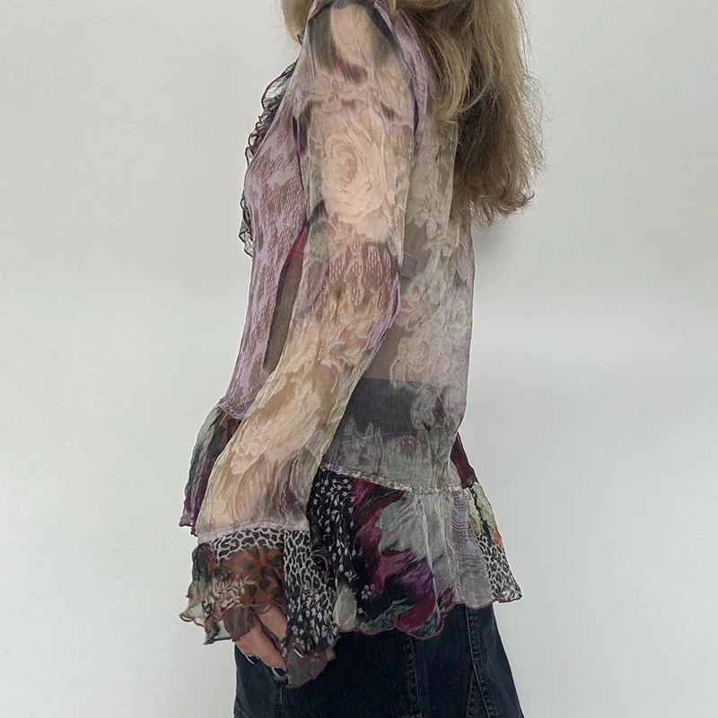 Blusa de manga larga acampanada con volantes y estampado floral para mujer, estilo grunge de los años 2000, ropa urbana Y2K