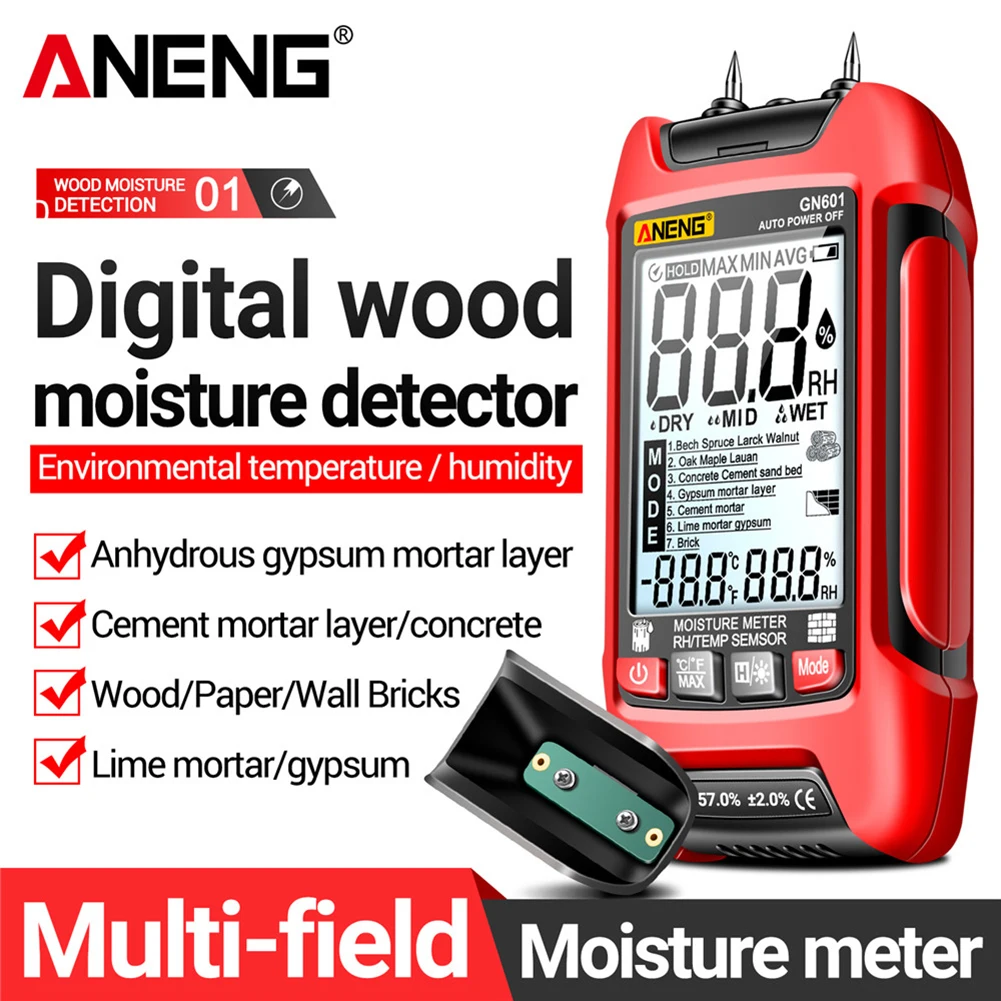 ANENG GN601 Wood Humidity Tester 20.5% RH Display Digital Temperature Humidity Probe Tester Pin-Type for Wood/Building Materials Wood Moisture Meter