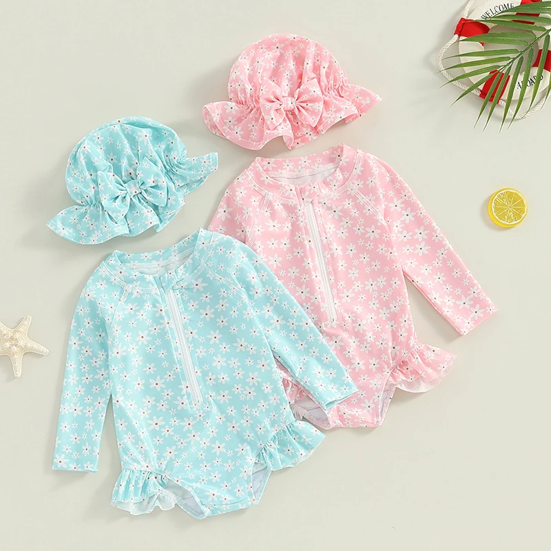 Toddler Girls Rash Guard Swimsuit Rompers Long Sleeve Floral Print Baby Ruffles Bathing Suit Swimwear with Swim Cap Outfit 1