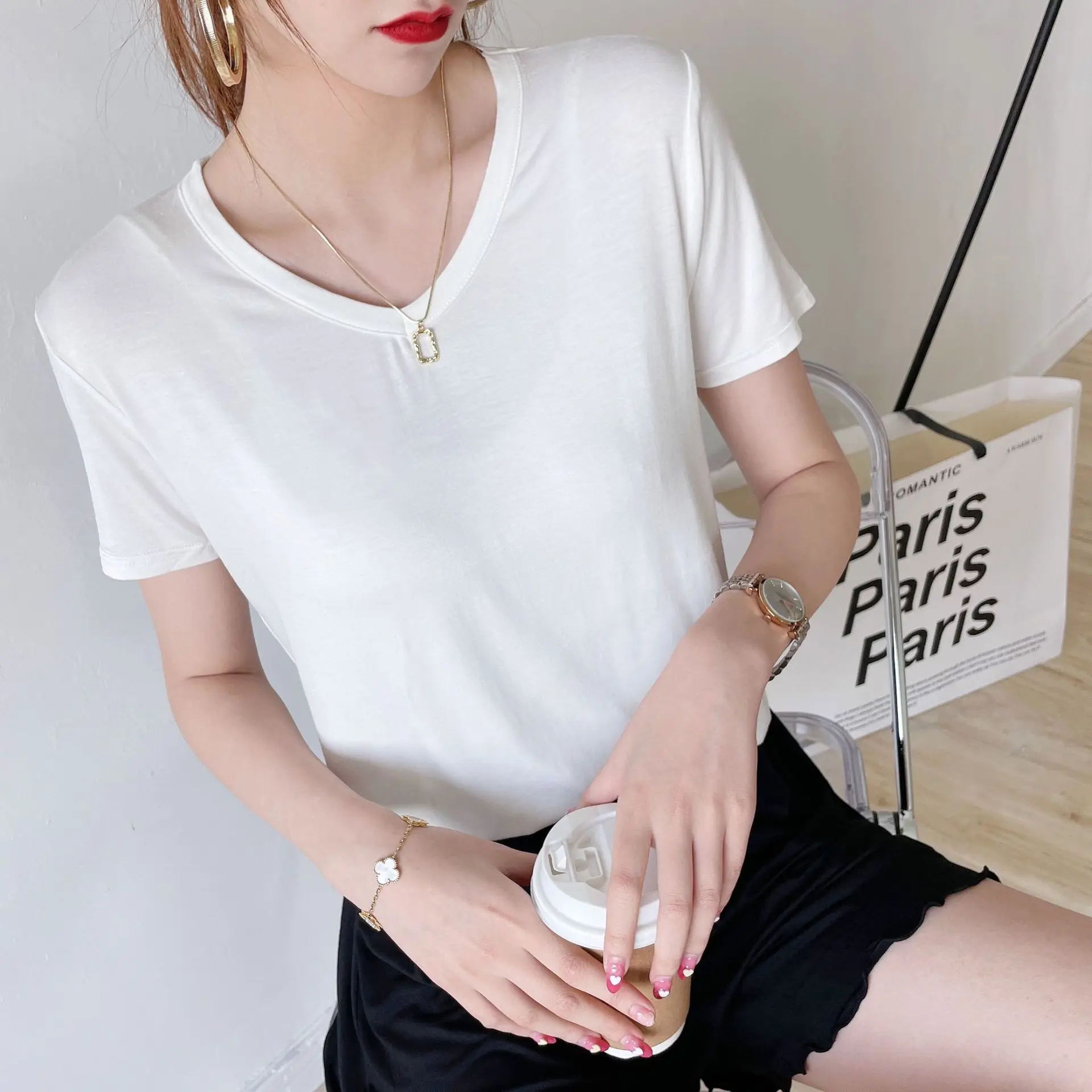Summer V-neck Tshirt Elegant Tee tops Casual loose Bottoming T-shirts Solid color Fashion Top All match 3