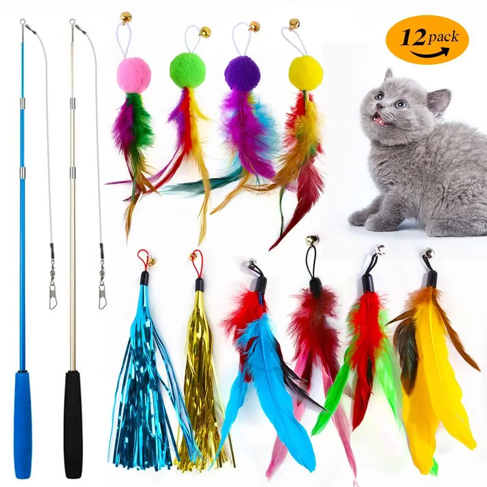 

Gift Interactive Play Pet Toys Retractable Fishing Rods Teaser Rod Feather Fur Ball Bell Wand Kitten Cat Feather Toys