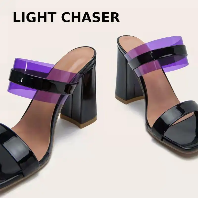 Women's Summer Sexy Large Size High-heeled Sandals And Slippers Solid Color One-line Comfortable Square Head Stiletto Sandals