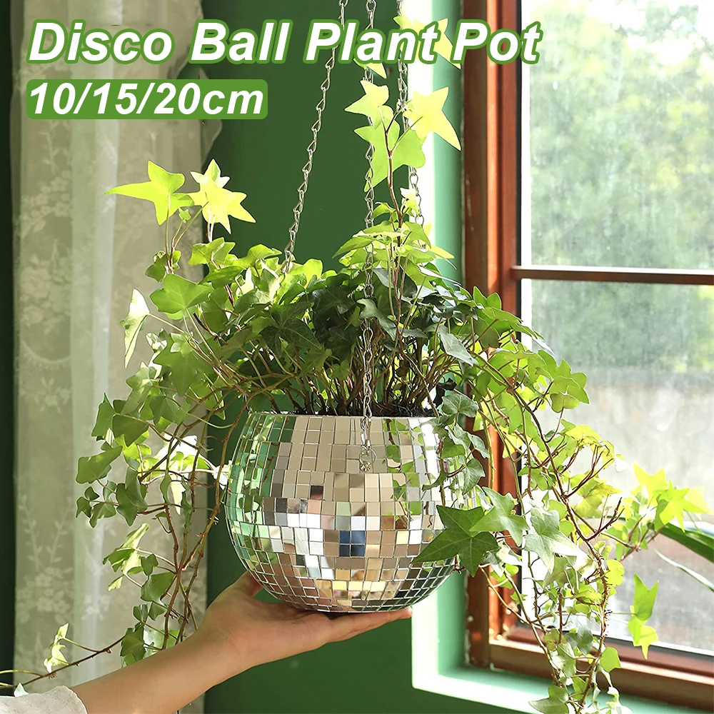 

Hanging Mirror Disco Ball Shape Flower Pot Indoor Wall Hanging Creative Green Planters Garden Decor Gardening Hanging Baskets