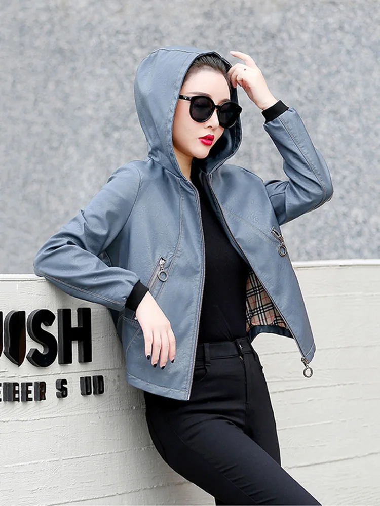 New Women Hooded Leather Jacket Spring Autumn Fashion Long Sleeve