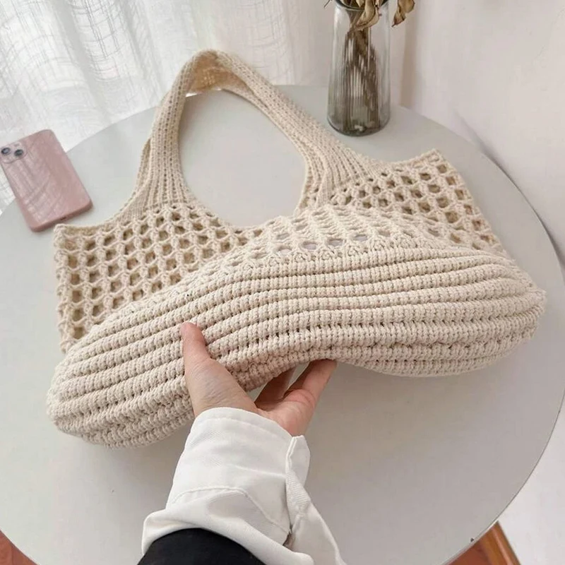 Women Crochet Tote Bag Hollow Beach Bag Large Capacity Fashion Knitted Bag Solid Color Simple Shopping Bag for Travel Vacation 4