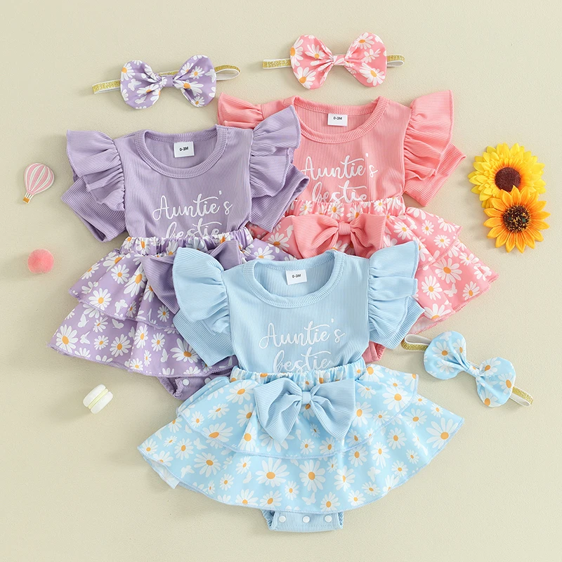 

Tregren 0-18M Infant Baby Girls Summer Romper Dress Ruffle Fly Sleeve Letter Daisy Print Patchwork Bodysuits with Headband Set