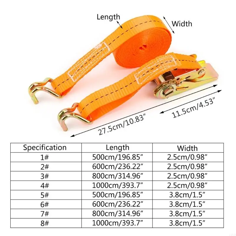 5/6/8/10M Ratchet Tie Down Cargo Straps Metal Hooks Heavy Duty Lashing Strap 11UD