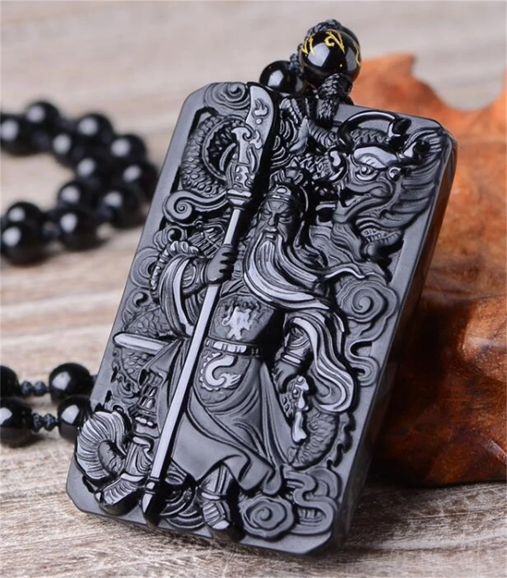 Chinese Handwork Natural Black Obsidian Carved Sword GuanGong Lucky Amulet Pendant + Beads Necklace Vintage Fashion Jewelry Gift pendant necklace