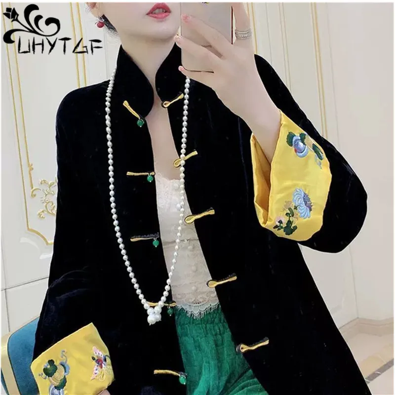 Stylish Sleeve Embroidery Coat Women Vintage Chinese Tradition Black Tang Suit Female Kimono Women Windbreaker Outewear Clothes