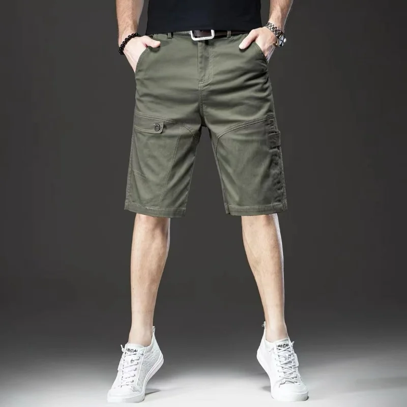 Summer New Fashion Trend Cotton Japan Style Wide Leg Shorts Men's Solid Patchwork Button Zipper Pocket Casual Loose Cargo Shorts
