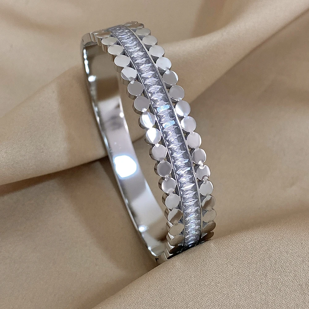 Freetry New Fashion Stainless Steel Layered Inlaid Zirconia Cuff Bangles for Women Oval Wave Geometric Bracelets Party Jewelry 4