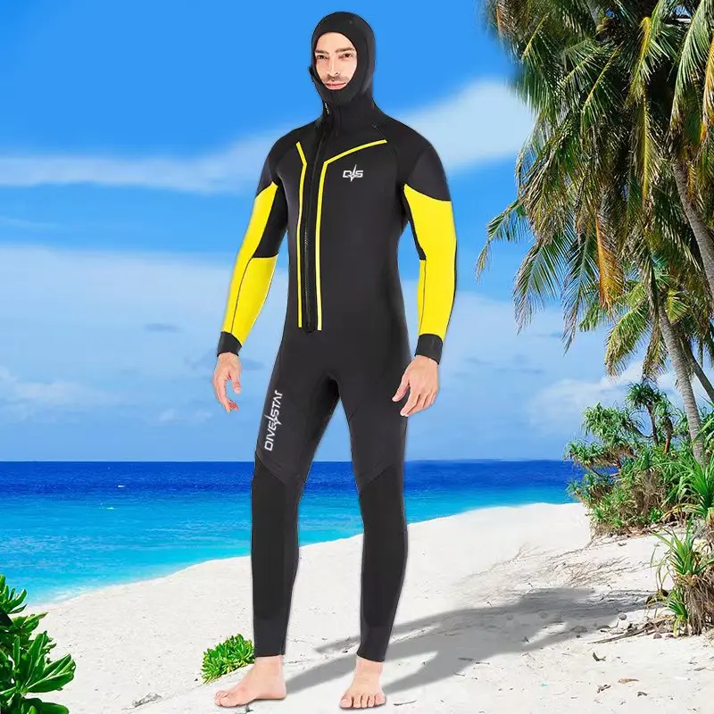 

Deep diving semi dry thickened 7mm diving suit with front zipper to keep warm diving suit with hat and plush one piece diving su