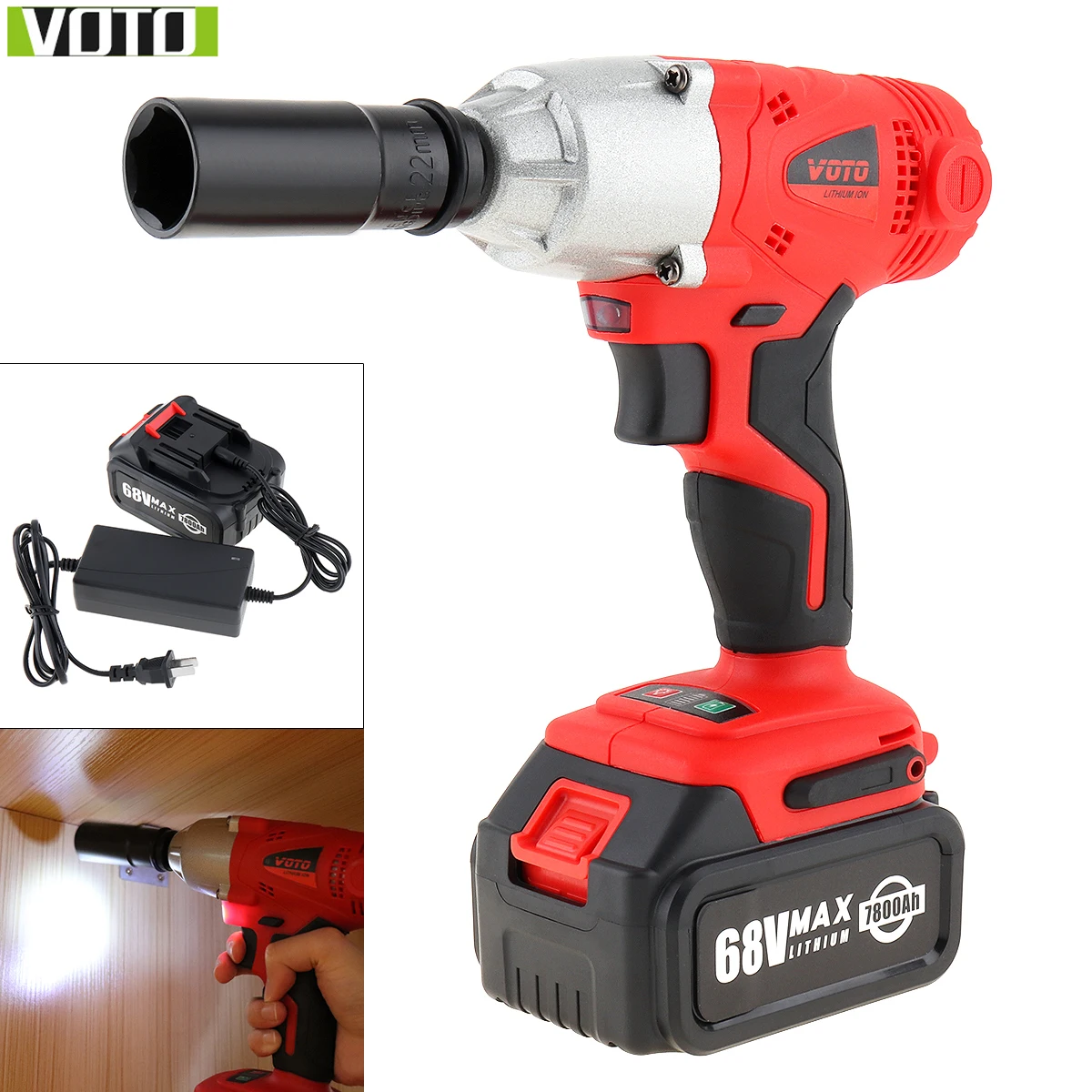 AC100 - 240V Cordless 68V Two-speed  Electric Wrench with Max Lithium Battery & Power Display Light for Car Repair Construction ac 100 240v cordless 12v household lithium electric drill rotation adjustment switch 32pcs accessories for drilling screwing