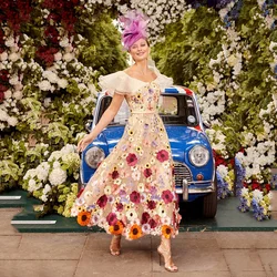 Stylish Jewel 3D Floral Mother of Bride Dresses A-line Tea Length Flowers Wedding Guest Gown Short Plus Size Mother's Party Wear