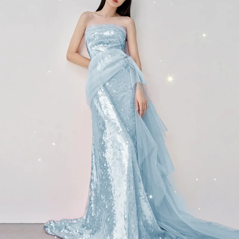 

Princess Fairy Tube Top Long Mermaid Evening Dresses Women Sparkly Light Blue Exquisite Sequins Party Gowns