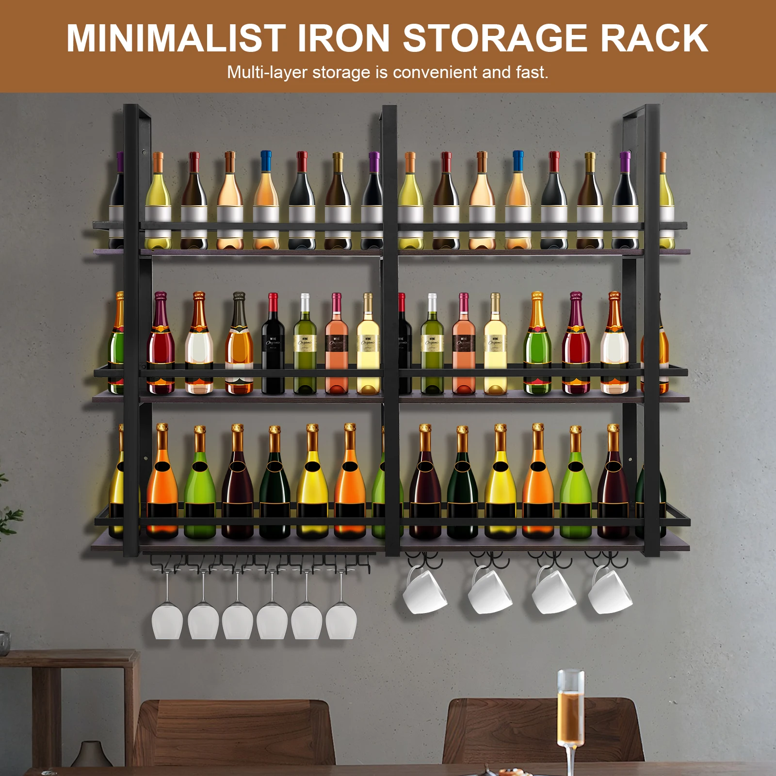 Wall Mounted Wine Rack 3 Tier Metal Bar Liquor Shelves with Glass Holder Wine Glass Bottle Rack for Kitchen Dining Room Home Bar