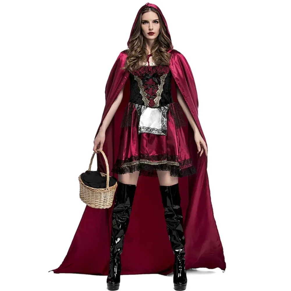 

Little Red Cosplay Costumes Hooded Robe Dress Suits Cloak Full Sets Uniforms for Woman Adult Halloween Carnival Party Roleplay