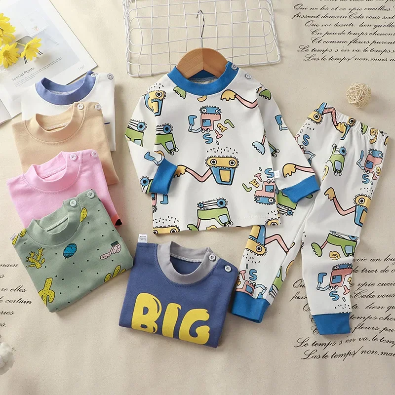 

2023 Spring Autumn Girls Boys Cute Print Pajamas Suit Baby Kids Children Clothing Set Cotton Soft