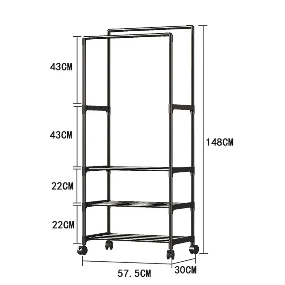 Double Pole Coat Rack Movable Clothes Storage Racks Multi Functional Clothing Hanger Shelves with Wheels Bedroom Stand Wardrobe clothes rack