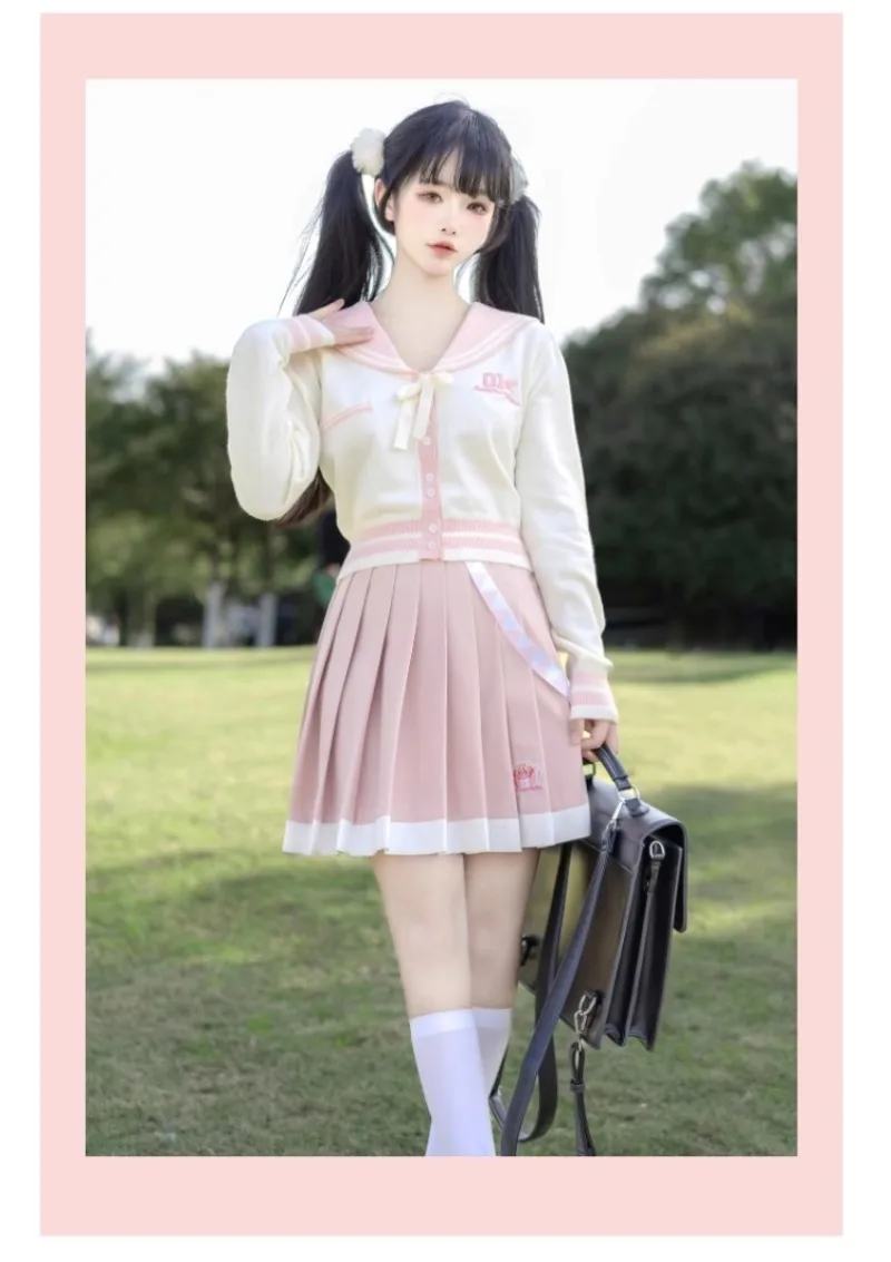 Japanese Preppy Style Lolita Sweet Cute Pink Knitwear Short Skirt Spring Summer Slim Fit Kawaii Top Mini Skirts Women's Clothes
