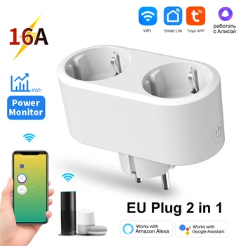 Tuya WiFi Dual Outlet 16A APP Smart Plug 2 in 1 Socket EU with Energy Metering Timer Function Works with Alexa Google Controlled 1