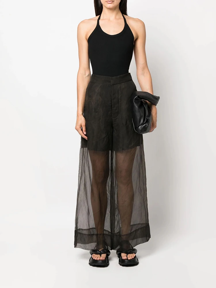 

Silk fabric layered style see-through mesh wide leg pants sexy fashion black splicing ladies pants 2024 summer new