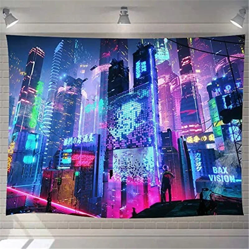 Cyberpunk Neo Futuristic Poster Tapestry Psychedelic Fantasy City Cyberspace Neon Good Vibes Only Art Game Room Kids Bedroom