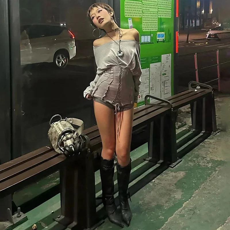 N2025 Casual Fashion T-Shirts Woman Skew Collar Off Shoulder Full Sleeve Drawstring Design Daily Simple Versatile Style Tops