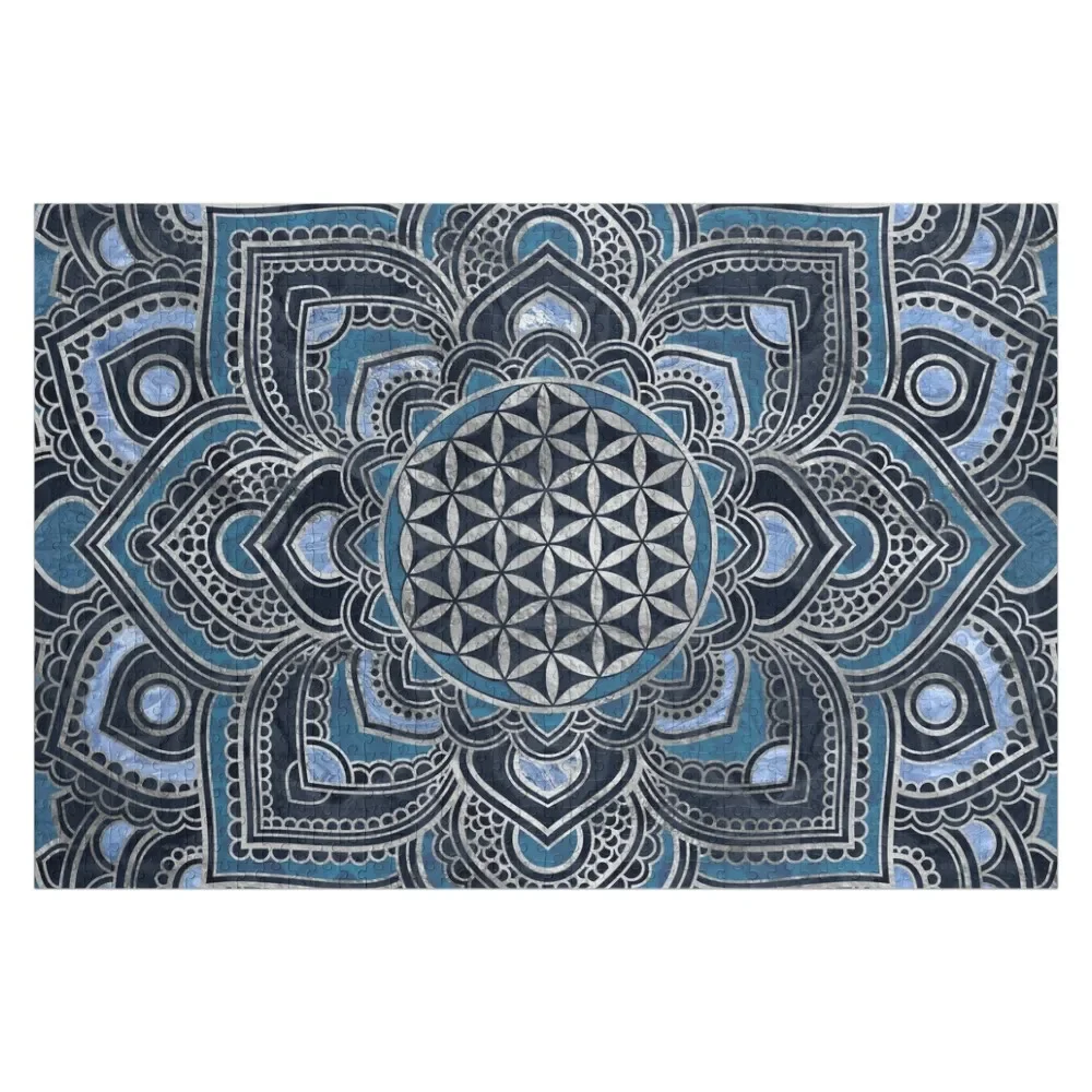 

Flower of Life in Lotus Mandala - Blue Crystal and Silver Jigsaw Puzzle With Photo Toys For Children Puzzle