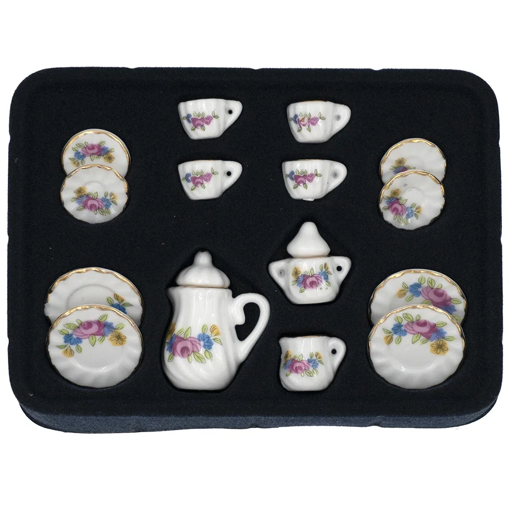 

15Pcs 1/12 Dollhouse Mini Ceramics Tea Set Cup Simulation Teapot Model Toys Miniature Kitchen Furniture Doll House Accessories