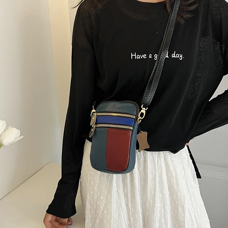 Genuine Leather Women Shoulder Bag Multi Zipper Soft Cowhide Girls Small Mobile Phone bag Color Stitching Color Random shoulder bag,leather handbag