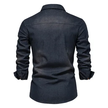 Elastic Cotton Denim Shirt Men High Quality Men Long Sleeve Solid Color Pocket Shirts For Men Casual Slim Fit Men's Clothing 3