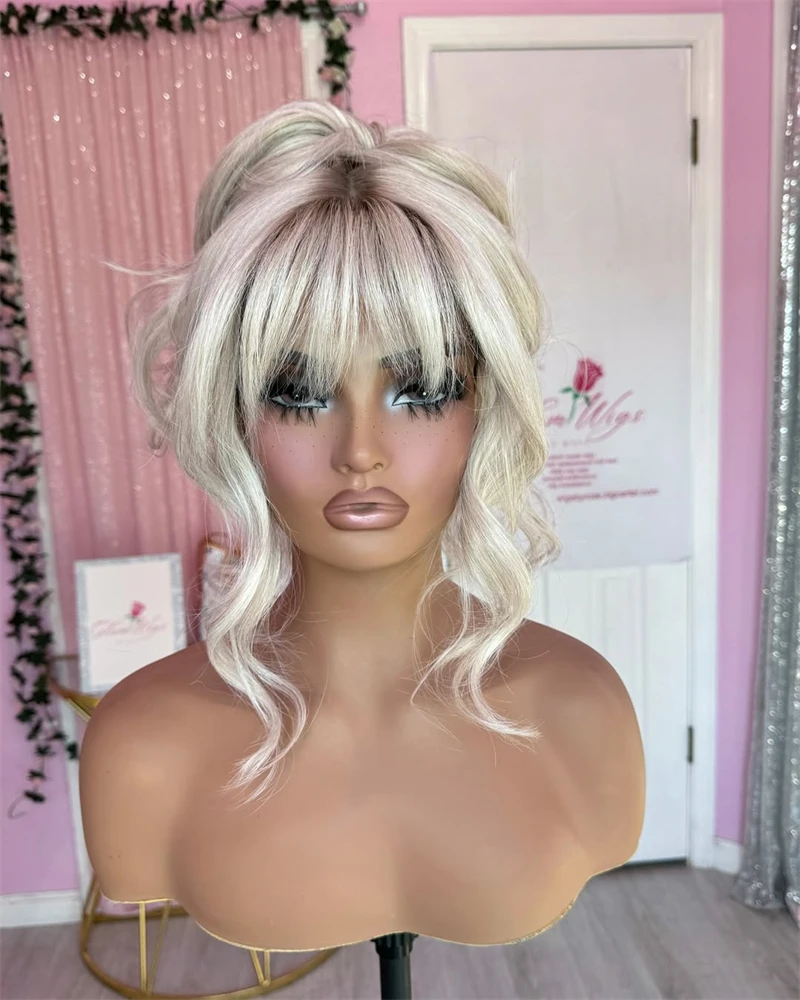 Synthetic Human Hair Wig Loose curly Ombre White Blonde with Short Roots Lace Top Wig with Bangs Women Synthetic Premium Fibre Heat Resistant Party Wig synthetic human hair wig