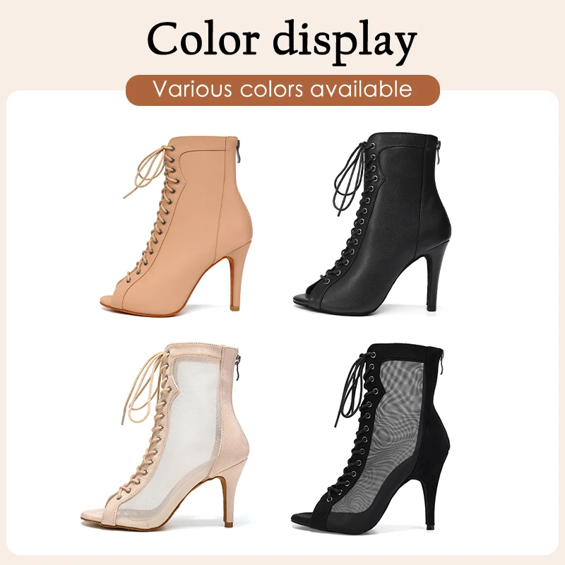 Woman Latin Dance Booties Open Toe Lace Up Stiletto Bootie for Women Suede Sole High Heels Beige Black Ankle Boots Dancing Shoes 2