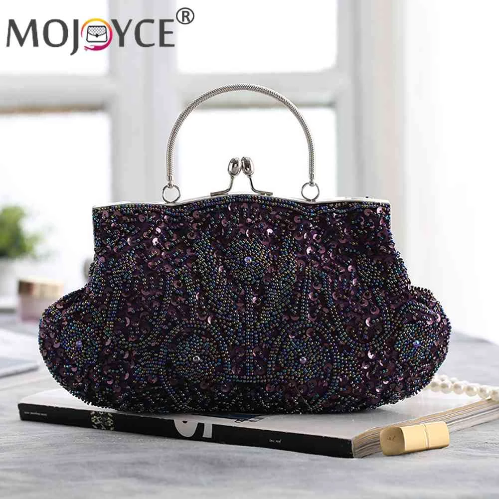 Bolsos De noche Vintage con cadenas y abalorios de para mujer, bolsos de mano con mango de Metal, hechos a mano, pequeños, brillantes, fiesta de novia y cena de boda| | -