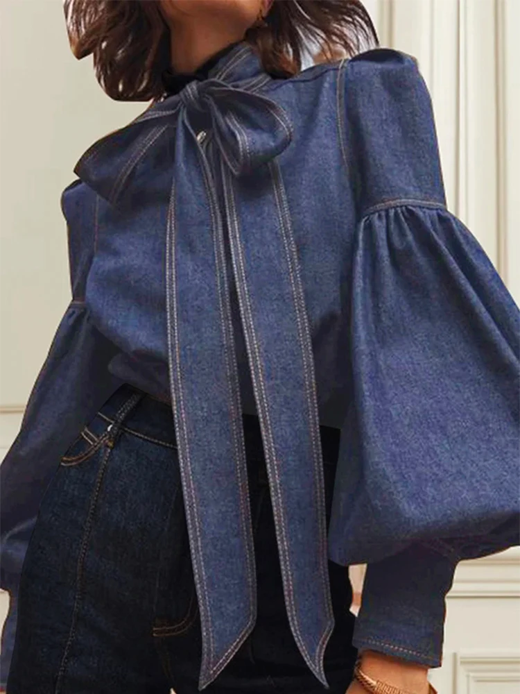 Gymystars New Trendy Imitation Denim Blouse Tops for Women Long Puff Sleeves Bow-Embellished High Neck Women's Autumn Shirts 2