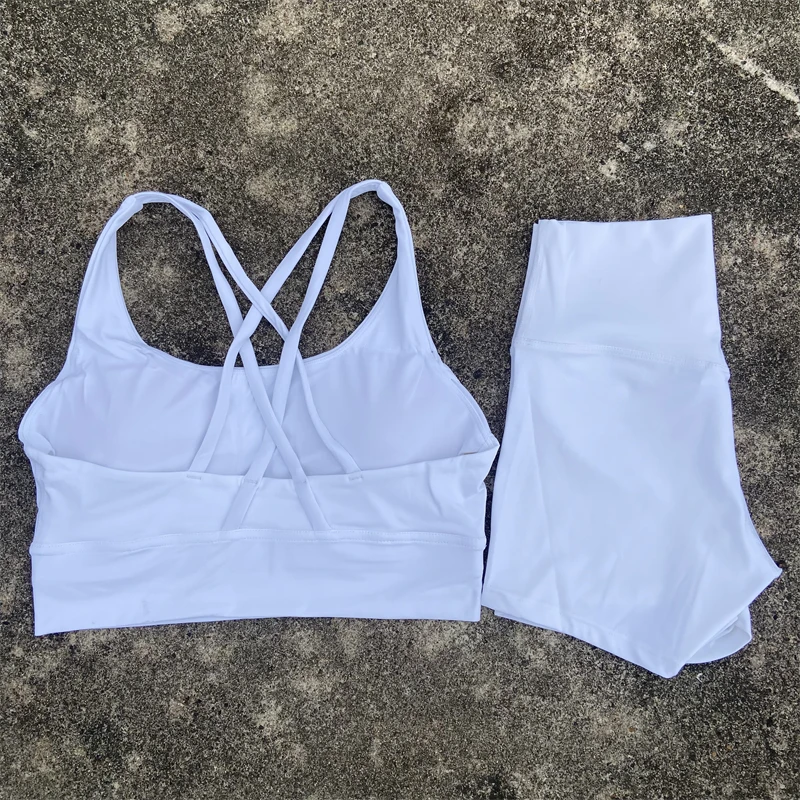 Women's 2-Piece Yoga and Fitness Outfit - Cross Straps Bra & High Waist Shorts