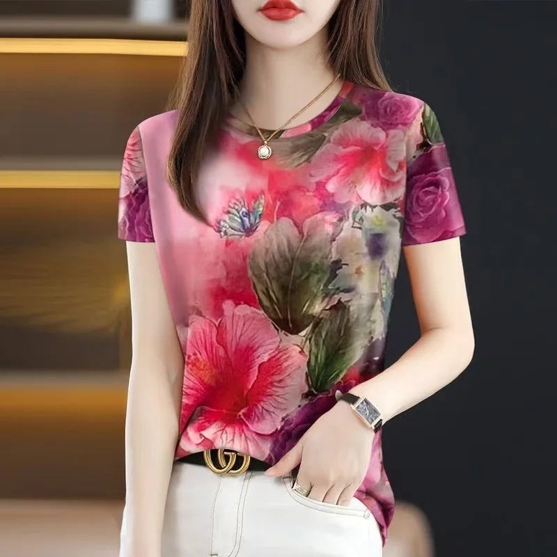 2026 New Summer Popular Women's T-Shirt Slimming Belly-Covering Round Neck Fashion Short Sleeve 2
