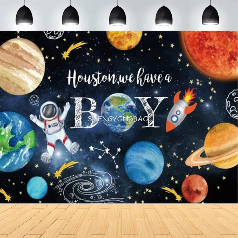 Photo Backdrop Outer Space Happy Birthday Backdrop Galaxy Planet Astronaut Rocket Photography Background Party Cake Table Banner Decor Props
