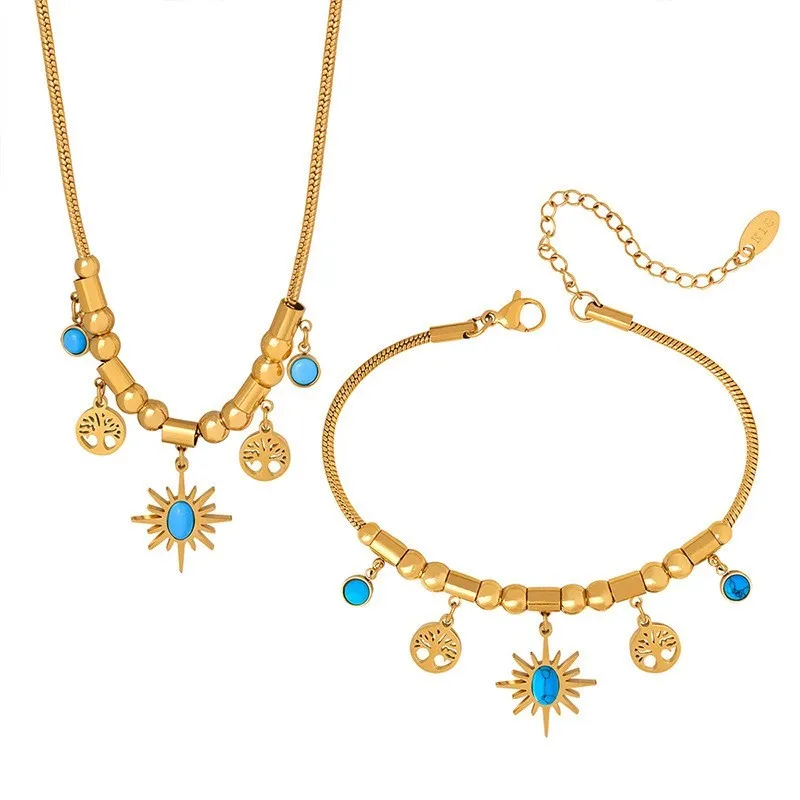 2pcs/Set Personality Asymmetrical Sun Turquoise Pendant Jewelry Set for Women Artificail Bridal Necklace Wedding Jewelry Gift