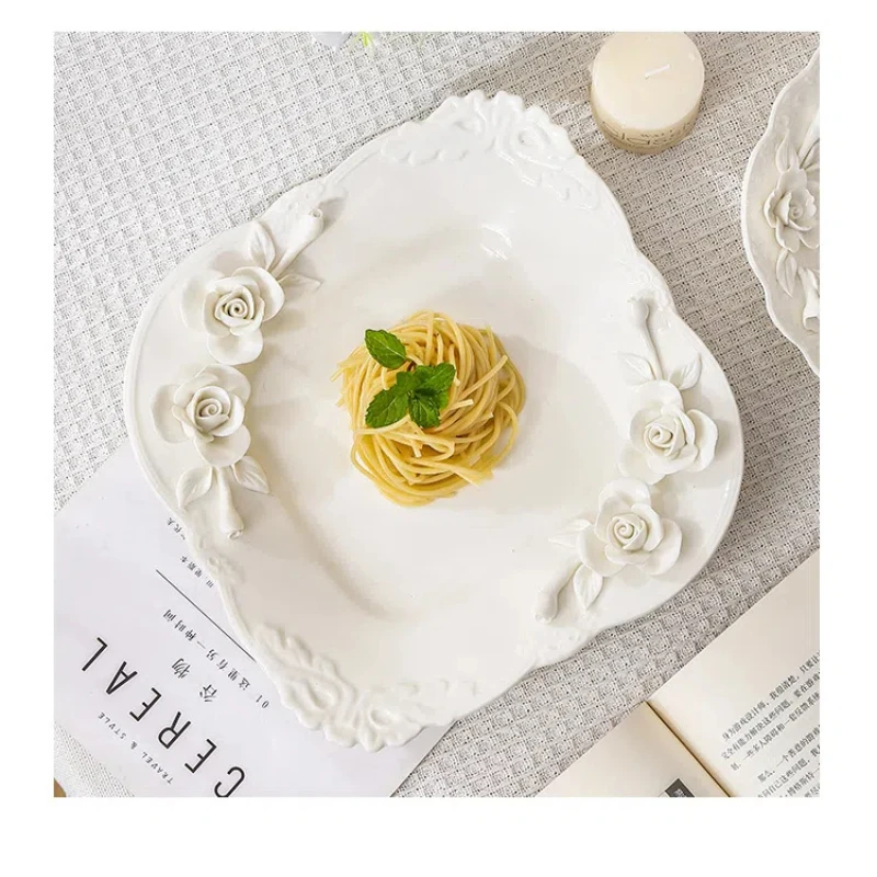 Flower Relief Ceramic Plate Breakfast Fruit Salad Dinner Plates Hotel Restaurant Western Plate Kitchen Dessert Plate Cutlery 4
