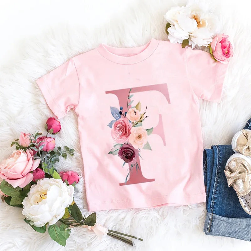 Retro Flowers T-shirt Cotton Pink Lucky Letter  26 English letters A B C D  Kids Girl Boy Children Trend T Casual Clothes Short 6