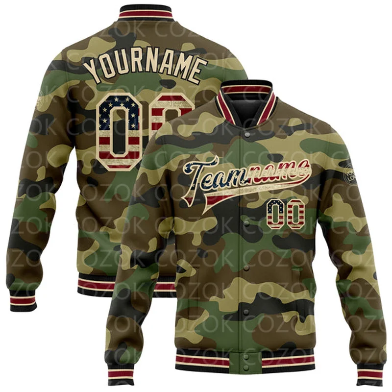 Custom Camouflage 3D Printed Baseball Button Jacket Bomber Full-Snap Varsity Letterman Jacket