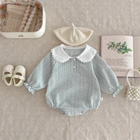 Ready Stock Newborn Jumpsuit Baby Girls Peter Pan Collar Drawstring Long Sleeves Elegant Check Romper 0-2yrs 5