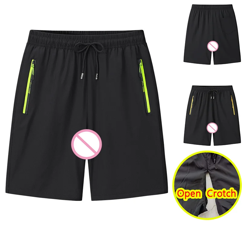 Men Open Crotch Sexy Pants Hidden Zip Erotic Sport Crotchless Shorts Club Summer Breathable Gym Wear Fitness Clubwear Panties