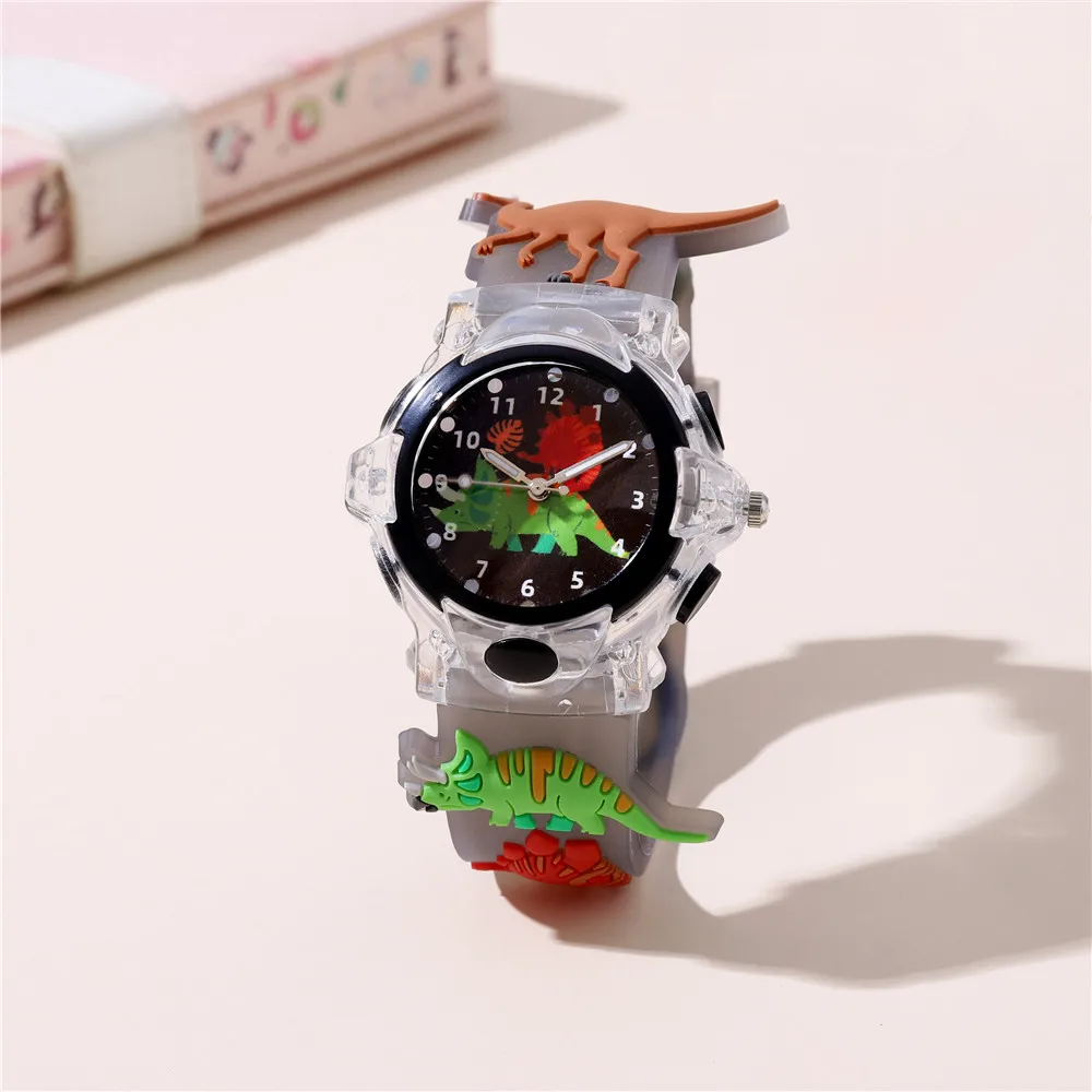 4 Colors Cartoon Animal Flash Light 3D Dinosaur Watches For Girls Boys New Flashlight Wristwatch For Children 2
