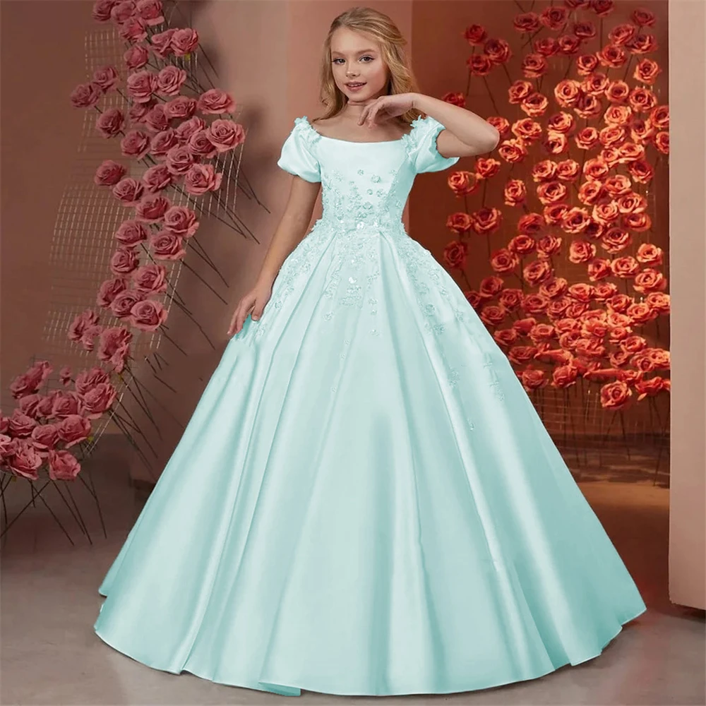Elegant Flower Girl Dresses for Wedding Satin Beaded Floral Floor Length Girl Kids Birthday Party First Holy Communion Gown flower girl dresses,floral appliqu&eacute; dress,girls dresses,satin formal dress